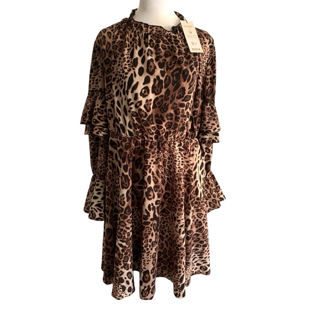 NWT Club L London US 10 Leopard Print Ruffle Long Sleeve Party Dress